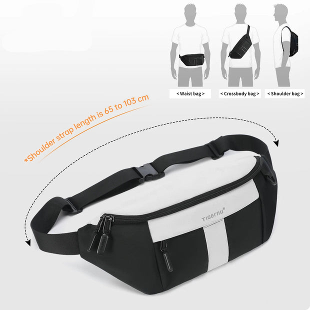Black and white waist bag with shoulder strap and product usage illustrations.