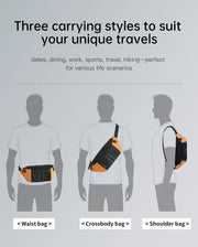 Three carrying styles of a bag on silhouettes against a gray background