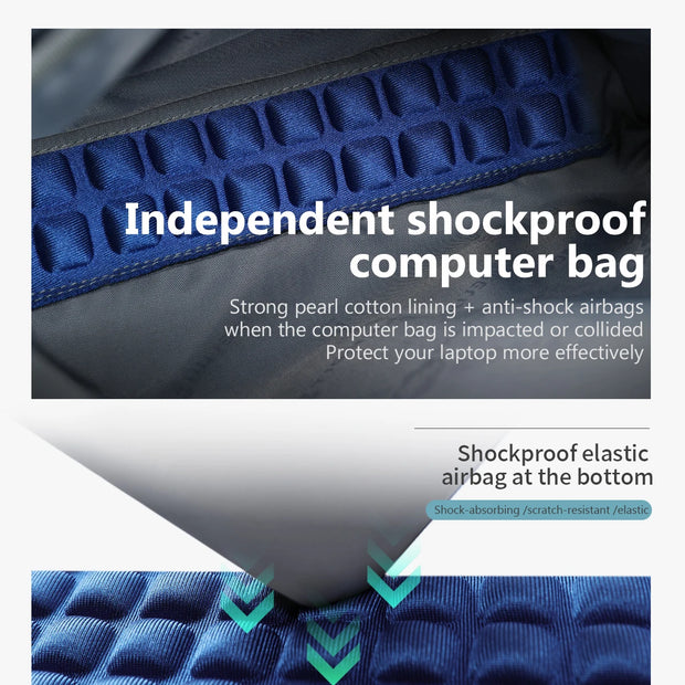 Shockproof computer bag with blue lining and text highlighting features
