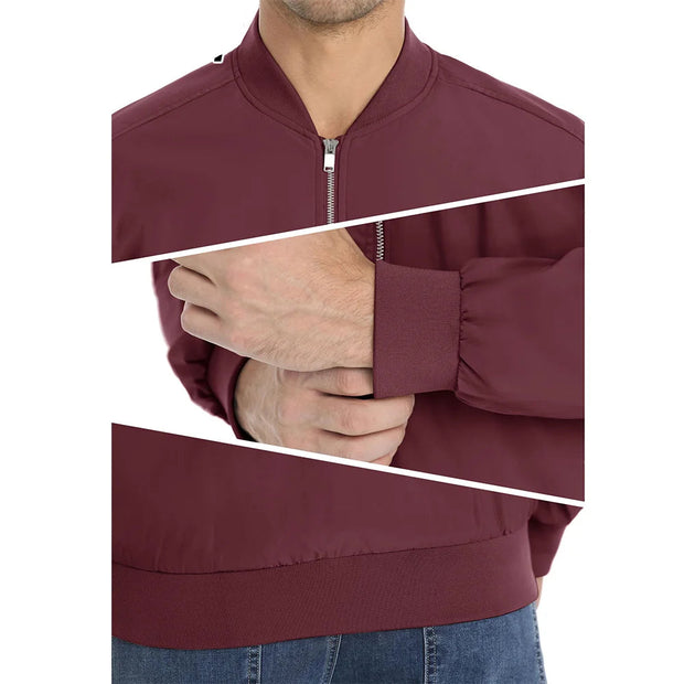 Maroon jacket with a zipper, showing details of the fabric and fit.