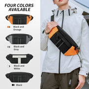 Person holding an orange and black sling bag with color options displayed.