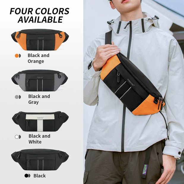 Person holding an orange and black sling bag with color options displayed.