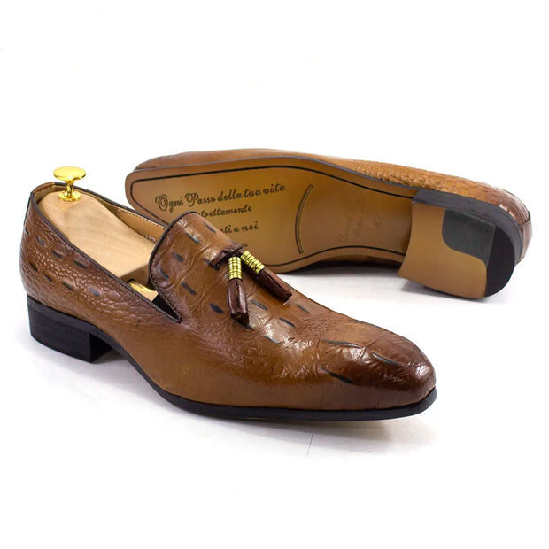 Brown leather loafer shoe with tassel on a white background