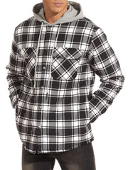 Person wearing a black and white plaid hoodie on a white background