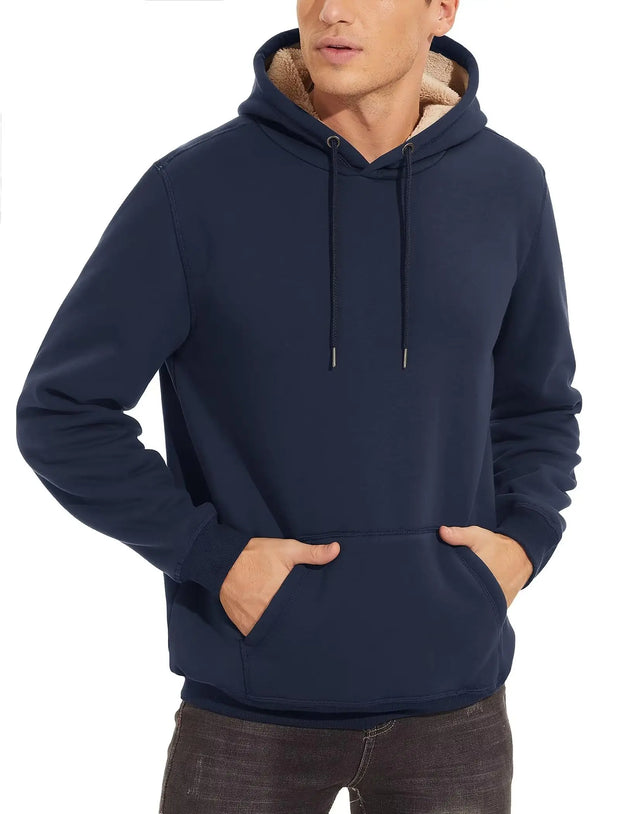 Navy blue hoodie with a person wearing it on a white background