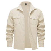 Beige corduroy shirt jacket on a white background