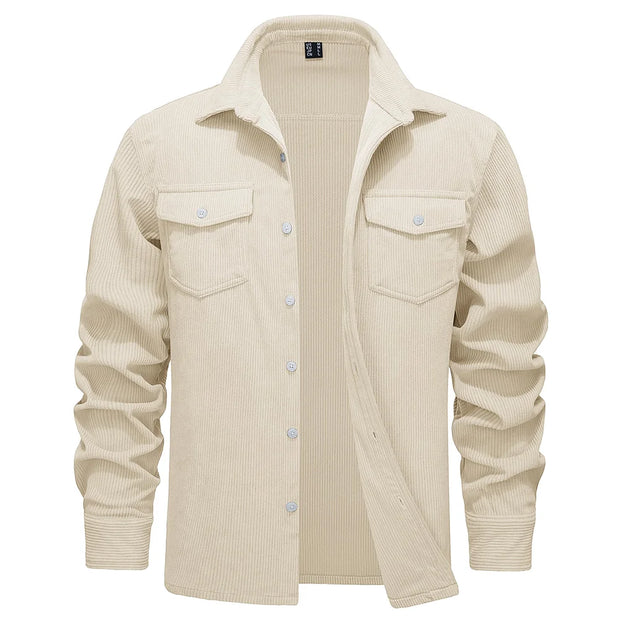 Beige corduroy shirt jacket on a white background