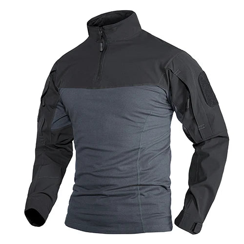 Two-tone black and gray tactical shirt on a white background