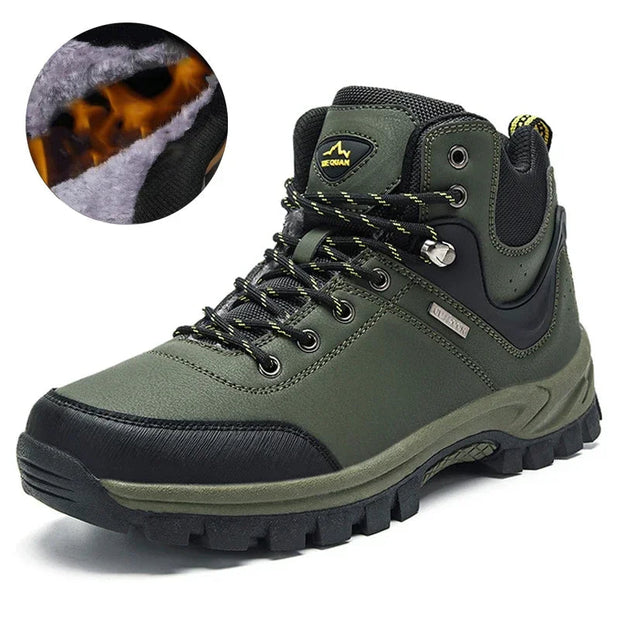 Green hiking boot with black sole on a white background, showing fur lining detail.