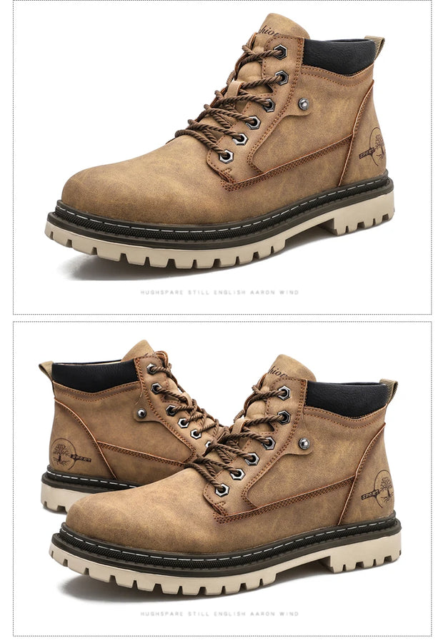 Pair of brown leather boots with black accents on a white background