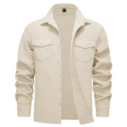 Beige corduroy shirt with button details on a white background.