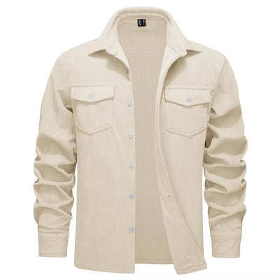 Beige corduroy shirt with button details on a white background.