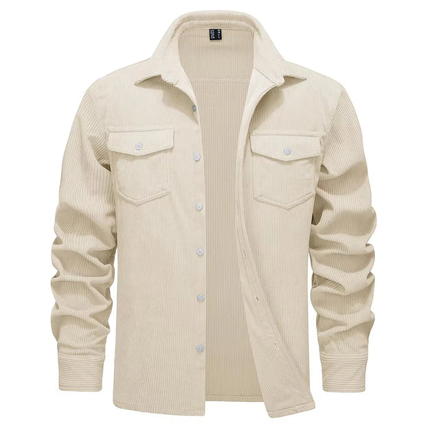 Beige corduroy shirt with button details on a white background.
