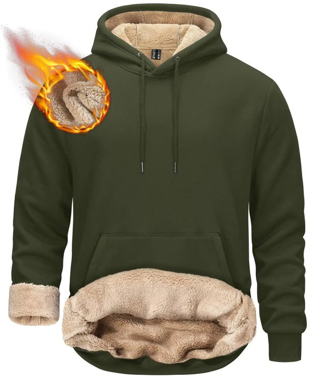 Green hoodie with beige fleece lining and fire graphic on a white background