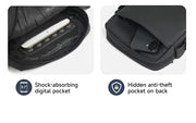 Black backpack with shock-absorbing digital pocket and hidden anti-theft pocket on back.