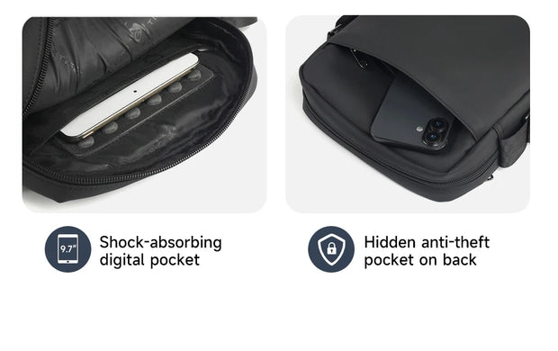 Black backpack with shock-absorbing digital pocket and hidden anti-theft pocket on back.