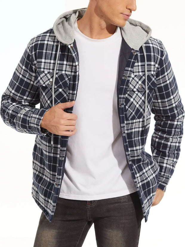Person wearing a plaid shirt with a hood over a white t-shirt on a white background