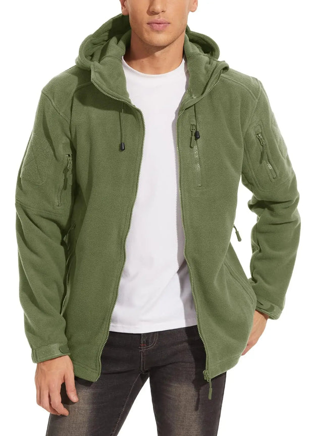 Person wearing a green jacket with a hood on a white background