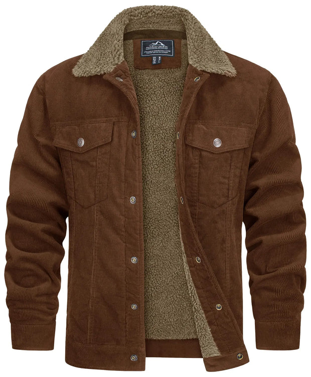 Brown corduroy jacket with shearling lining on a white background