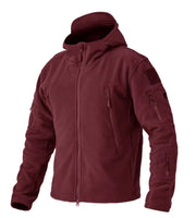 Maroon tactical jacket with multiple pockets and patches on a white background