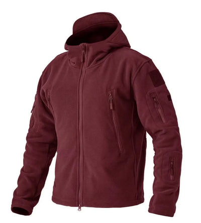 Maroon tactical jacket with multiple pockets and patches on a white background