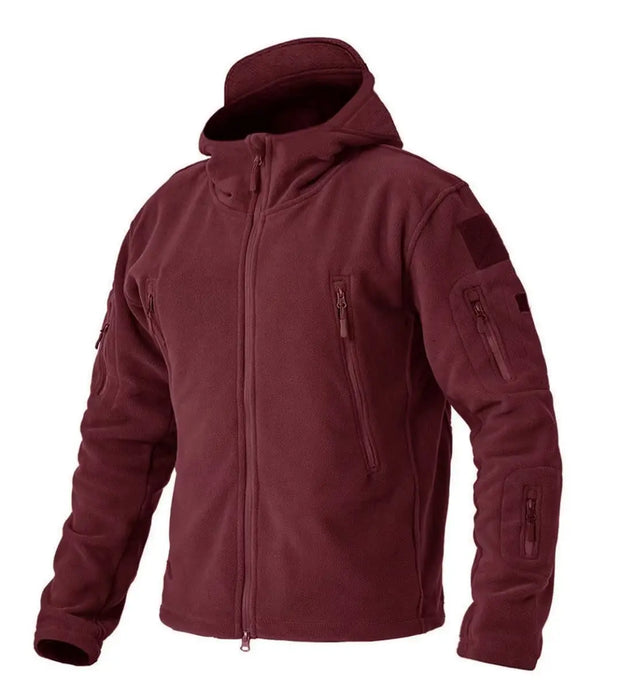 Maroon tactical jacket with multiple pockets and patches on a white background