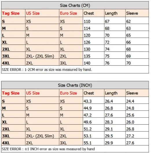 Size chart comparing US, Euro, chest, length, and sleeve measurements in centimeters and inches.