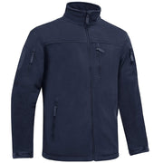 Navy blue tactical jacket with multiple pockets and zippers on a white background