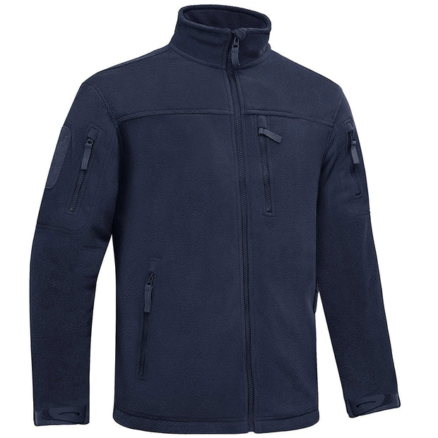 Navy blue tactical jacket with multiple pockets and zippers on a white background