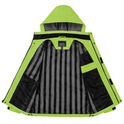 Green jacket with reflective stripes on a white background