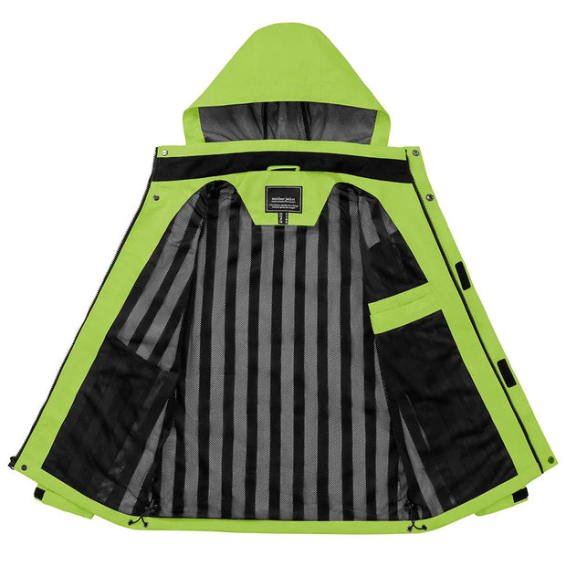 Green jacket with reflective stripes on a white background
