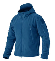Blue tactical jacket with multiple pockets and zippers on a white background
