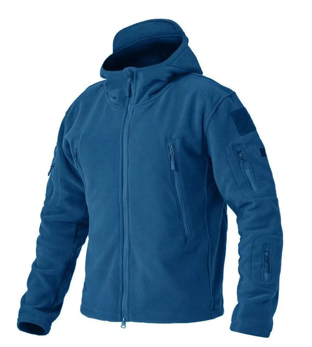 Blue tactical jacket with multiple pockets and zippers on a white background