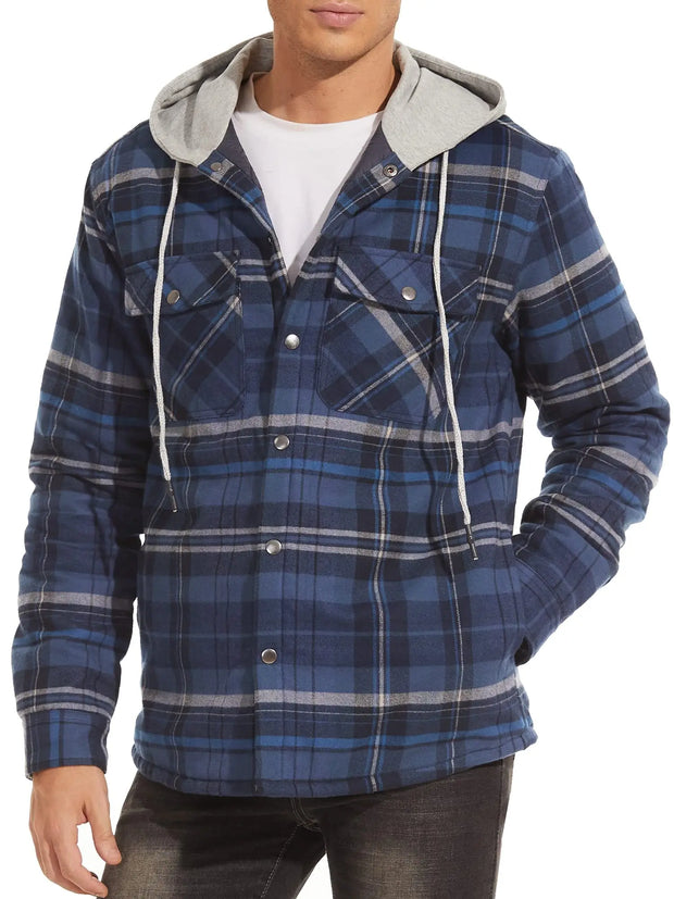 Blue plaid jacket with gray hood on a white background
