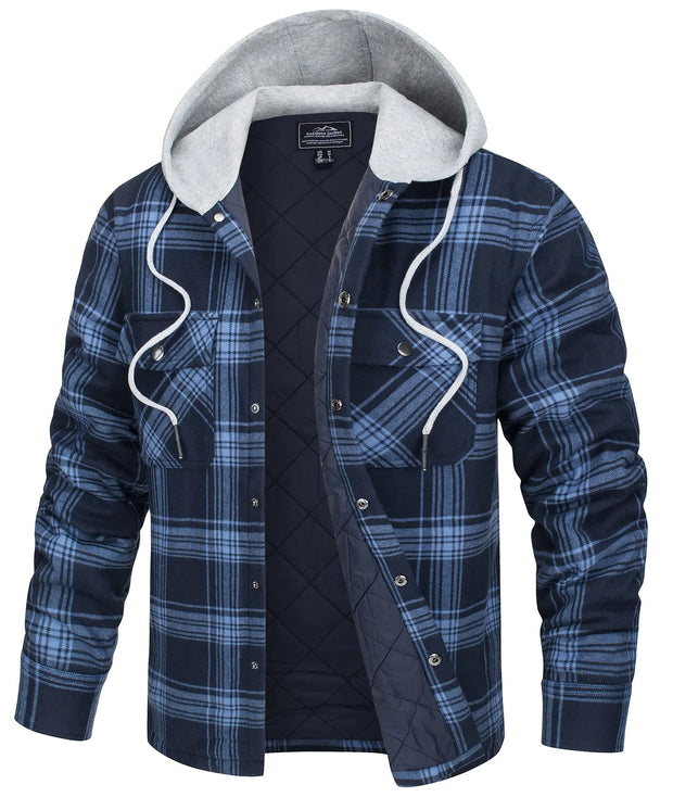Blue plaid jacket with gray hood on a white background