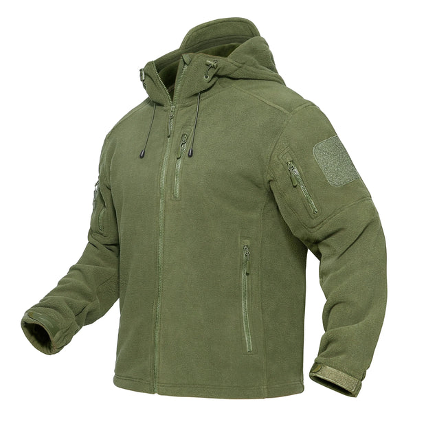 Green tactical jacket with multiple pockets and zippers on a white background