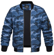 Blue camouflage bomber jacket with black accents on a white background