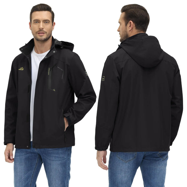 Black jacket worn by a man, shown from front and back on a white background