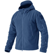 Blue tactical jacket with multiple pockets and zippers on a white background