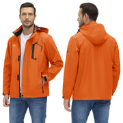 Orange jacket with black accents worn by a person, shown from front and back on a white background.