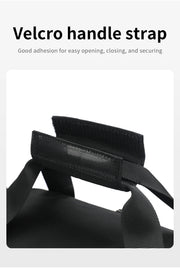 Black velcro handle strap on a white background with text about its features.