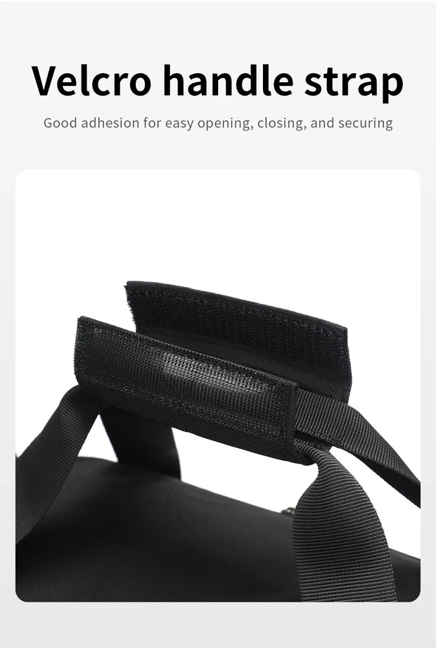 Black velcro handle strap on a white background with text about its features.