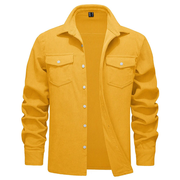 Yellow corduroy shirt with button details on a white background