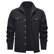 Black button-up shirt with two chest pockets on a white background