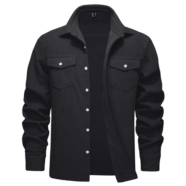 Black button-up shirt with two chest pockets on a white background