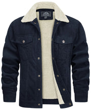 Navy denim jacket with white sherpa lining on a white background