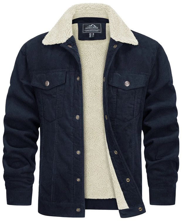Navy denim jacket with white sherpa lining on a white background