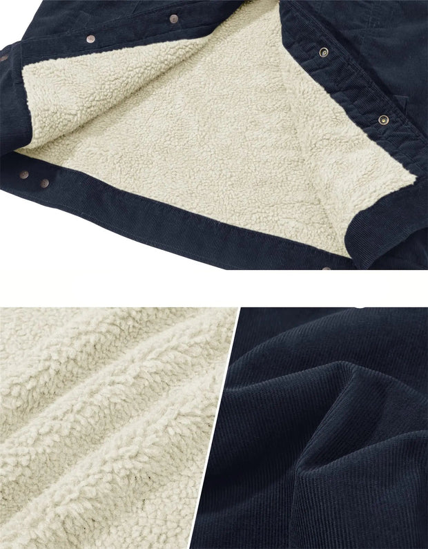 Navy jacket with thick cream fleece lining and close-up of fleece texture.