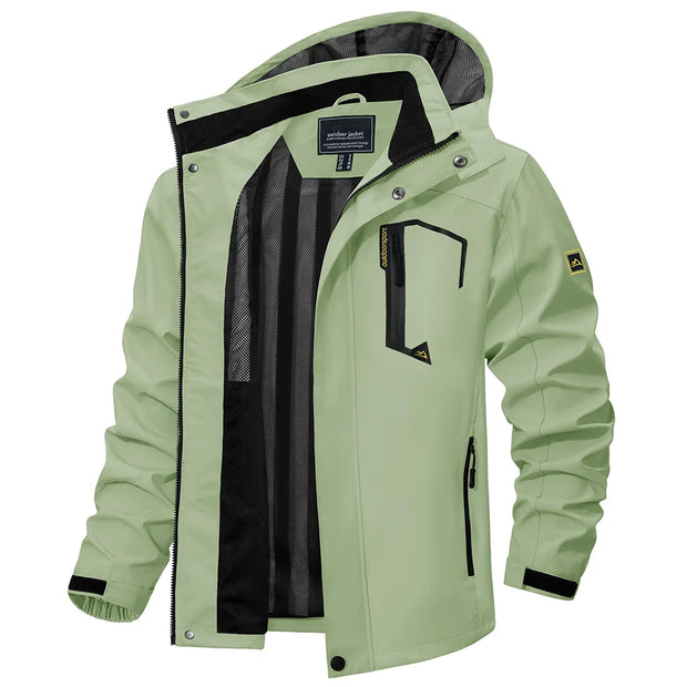 Light green jacket with black accents on a white background