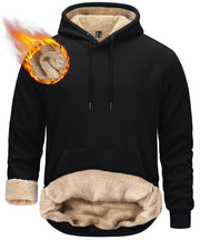 Black hoodie with beige fleece lining and heating element illustration on a white background